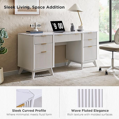 T4TREAM 60'' Fluted Executive Desk with Drawers, Modern Home Office Computer Desk with Charging Station, Keyboard Tray, File Drawer and Storage Cabinet for Study, Living Room, Bedroom, Solid White