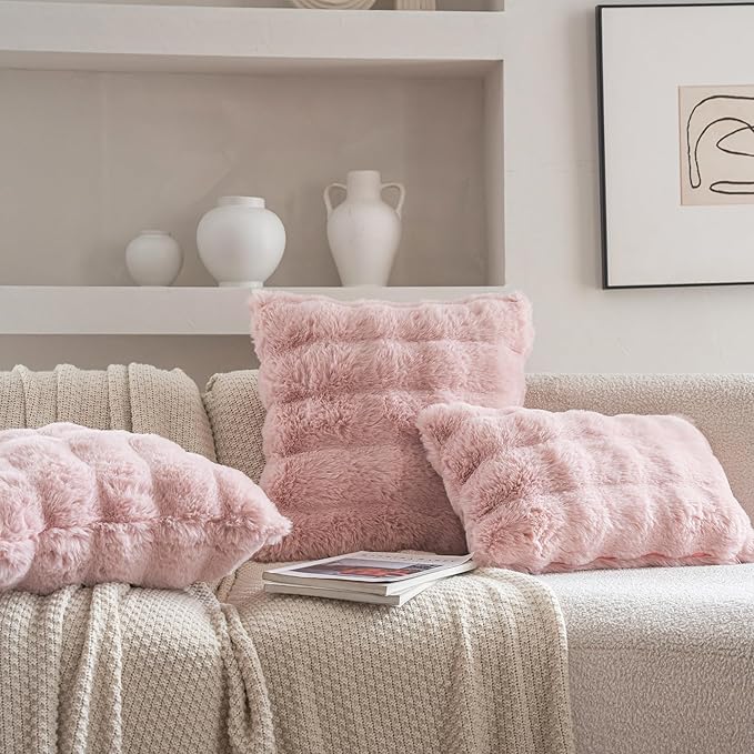 Neelvin Pink Faux Fur Cozy Soft Double-Sided Decorative Throw Pillow Covers 12x20 inch Set of 2,Velvet Pillowcase Cushion Case for Sofa Couch