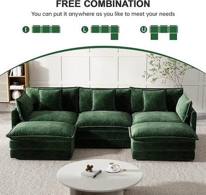 Modular Sectional Sofa, 111.5 Inch U-Shaped Cloud Sofa with Deep Seat Chenille Sofa with Cushions, Three-Self Sectional Sofa for Living Room Apartment,Evergreen