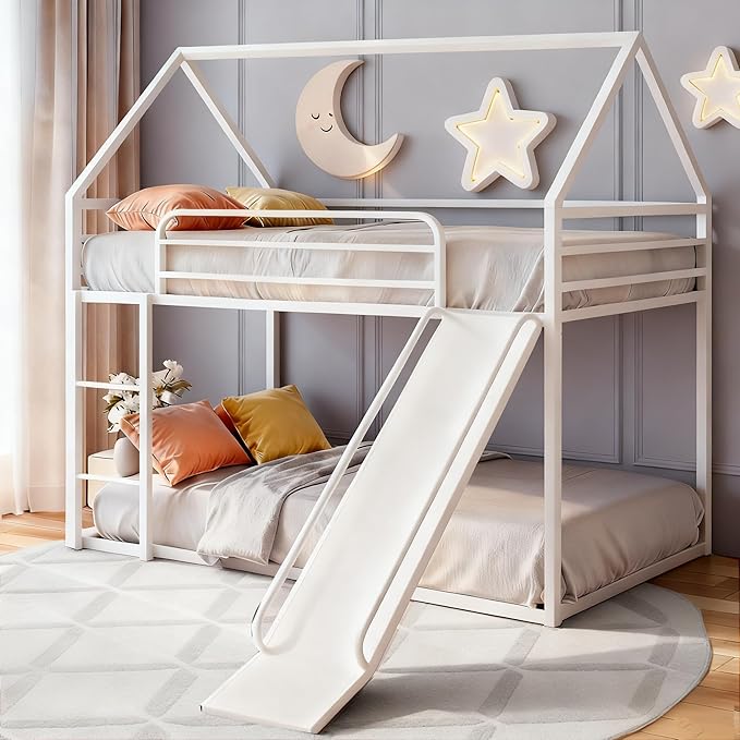 Bunk Bed with Slide for Kids,Bunk Bed Twin Over Twin, Metal Junior House Low Bunk Bed, Toddler Floor Bunk Beds Frame with Guardrail for Kids, Convertible Slide and Ladder Noise Free(New White)