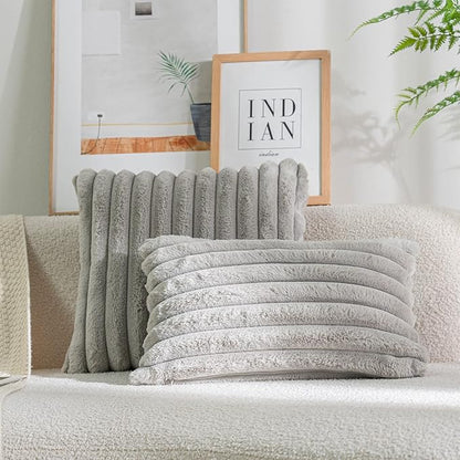 DEELAND Pack of 2,Double-Sided Faux Fur Plush Decorative Throw Pillow Covers Fuzzy Striped Soft Pillowcase Cushion Covers for Sofa Couch Bedroom Lightgrey 24x24 inch