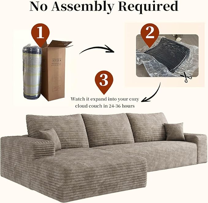 107.5" Boneless L-Shaped Modular Sectional Sofa Couches for Living Room, Corduroy Upholstered Couch with Deep Seat, Large 2-Seater Cloud Sectional Couch, No Assembly, (Camel, Left Facing Chaise)