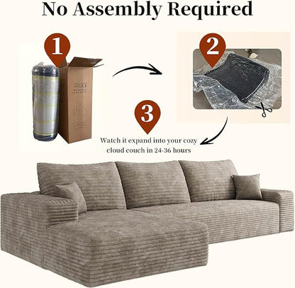 107.5" Boneless L-Shaped Modular Sectional Sofa Couches for Living Room, Corduroy Upholstered Couch with Deep Seat, Large 2-Seater Cloud Sectional Couch, No Assembly, (Camel, Left Facing Chaise)