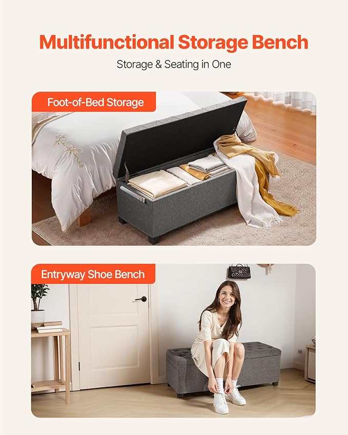 VEVOR Storage Ottoman Bench, End of Bed Bench with 2 Side Bags, Fabric Upholstered with Metal Frame, Toy Box Storage, Bed Benches for Foot of Bed, Bench for Entryway, Living Room, Playroom, Gray