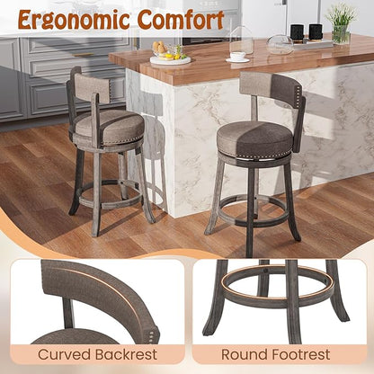 COSTWAY Bar Stools Set of 2, Upholstered Farmhouse Bar stools w/Cushioned Seat & Backrest, Solid Wood Legs, Footrest, 26” Counter Height Swivel Stools for Kitchen Island, Pub (2, 26'' Seat Height)
