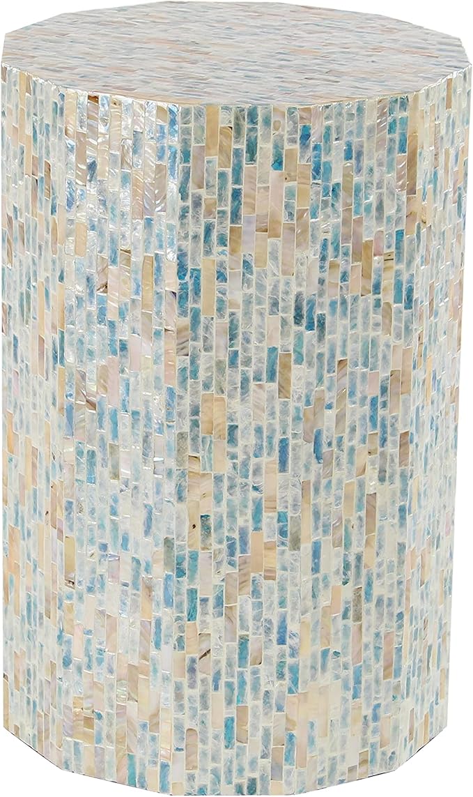 Deco 79 Mother of Pearl Shell Handmade Side End Accent Table End Table, Side Table 13" x 13" x 19", Blue