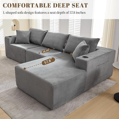 107" Cloud Sectional Couch, Modular Sectional Sofa with L-Shape Chaise, Corduroy Boneless Couch with Deep Seat, Upholstered Sofa for Living Room, No Assembly Required(Right-Facing Chaise, Dark Grey)