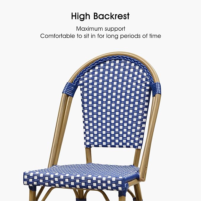 PURPLE LEAF French Counter Height Bar Stool Set of 2 25" Bamboo Print Finish Patio Bar Chairs with Back Rattan Bar Chairs French Bistro Set for Kitchen Outdoor Counter Stool Royal Blue
