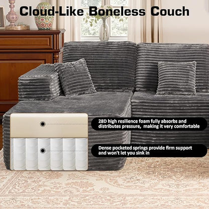 146'' Oversized Boneless Sectional Couch, U Shaped Cloud Couches with Chaise & Ottoman, Plush Corduroy 8 Seater Deep Seat Modular Sofa Sets for Living Room, No Assembly Required, Gray