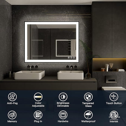 ISKM Framed LED Mirror for Bathroom 55"x40", Dimmable LED Bathroom Mirror with Lights, Anti-Fog, Front and Backlit Lighted Mirror 3-Colors, Shatterproof, Memory Function