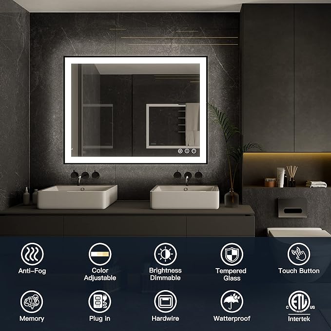 ISKM Framed LED Mirror for Bathroom 60"x40", Dimmable LED Bathroom Mirror with Lights, Anti-Fog, Front and Backlit Lighted Mirror 3-Colors, Shatterproof, Memory Function