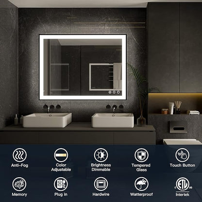 ISKM Framed LED Mirror for Bathroom 84"x40", Dimmable LED Bathroom Mirror with Lights, Anti-Fog, Front and Backlit Lighted Mirror 3-Colors, Shatterproof, Memory Function