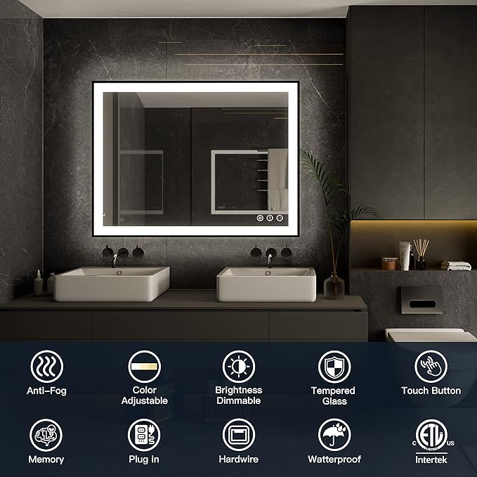 ISKM Framed LED Mirror for Bathroom 32"x32", Dimmable LED Bathroom Mirror with Lights, Anti-Fog, Front and Backlit Lighted Mirror 3-Colors, Shatterproof, Memory Function