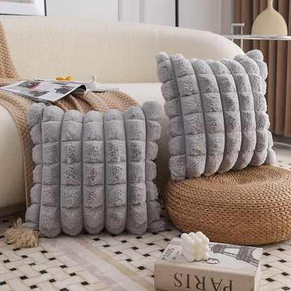 Neelvin Grey Faux Fur Cozy Soft Plaid Decorative Throw Pillow Covers 18x18 inch Set of 2,Velvet Pillowcase Cushion Case for Sofa Couch