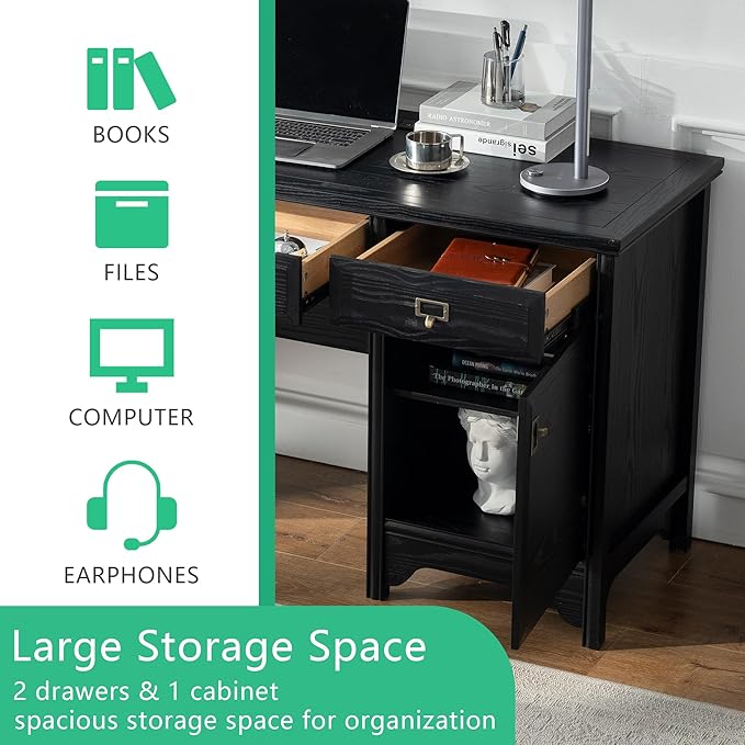 Chogori 47" Solid Wood Executive Desk, Farmhouse Office Computer Desk with 2 Drawers & Storage Cabinet, Wooden Writing Table for Home Office Study Bedroom, Black