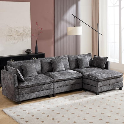 Plush Modular Cloud Sofa Set with Ottoman | L/U-Shaped Deep Seating Chenille Sectional for Family Living Room
