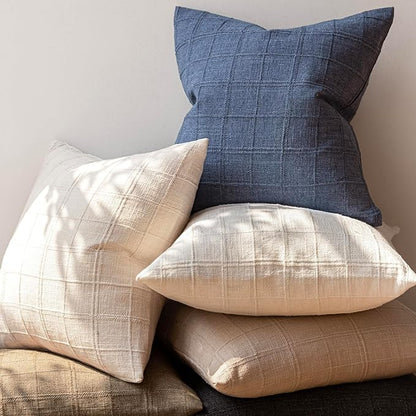 Foindtower Set of 2 Decorative Linen Check Throw Pillow Covers Neutral Farmhouse Vintage Cushion Covers Modern Coastal Boho Home Decor for Sofa Chair Couch Bedroom Living Room,20×20 Inch,Blue
