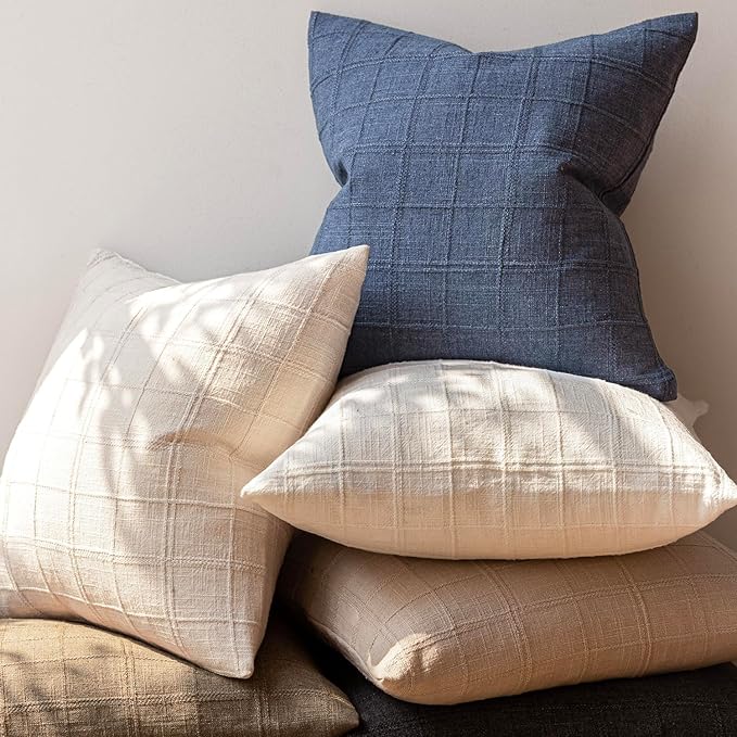 Foindtower Set of 2 Decorative Linen Check Throw Pillow Covers Neutral Farmhouse Lumbar Cushion Covers Modern Coastal Boho Home Decor for Sofa Chair Couch Bedroom Living Room,12×20 Inch,Blue