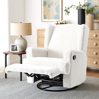 Boucle Swivel Glider Recliner Chairs Set of 2 for Adults - Plush High Back Rockers with Deep Seat, Coordinating Manual Recliners for Living Room, Luxury Upholstered Armchairs-White