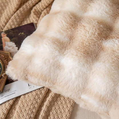 Pack of 2 Thick Plush Throw Pillow Covers Fluffy Wave Faux Fur Decorative Cushion Covers Soft Wool Pillowcase for Sofa Couch Livingroom 24x24 Inch White Beige