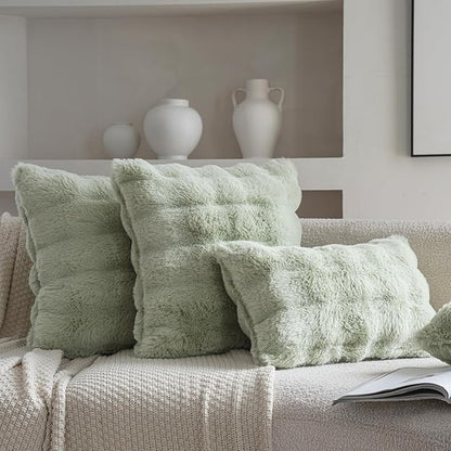Neelvin Green Faux Fur Cozy Soft Double-Sided Decorative Throw Pillow Covers 20x20 inch Set of 2,Velvet Pillowcase Cushion Case for Sofa Couch