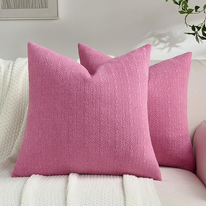FUTEI Hot Pink Chenille Throw Pillow Covers 22x22 Inch Set of 2,Soft Striped & Diamond Textured Cushion Cases,Modern Home Decor for Couch Living Room