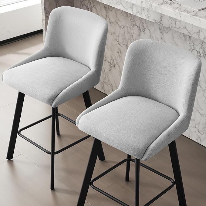 Swivel Bar Stools Set of 3, 30''H Upholstered Barstools with Backs, Modern Counter Height Bar Stool Chairs for Kitchen Island, Metal Legs, Fabric, Light Gray Counter Stools