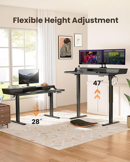 ErGear Electric Standing Desk with Drawers, 63″ x 28″ Gaming Table Compatible Monitor Stand, Stand up Desks, Home Office Height-Adjustable Desk with Storage Shelf, 4 Preset Heights, Black