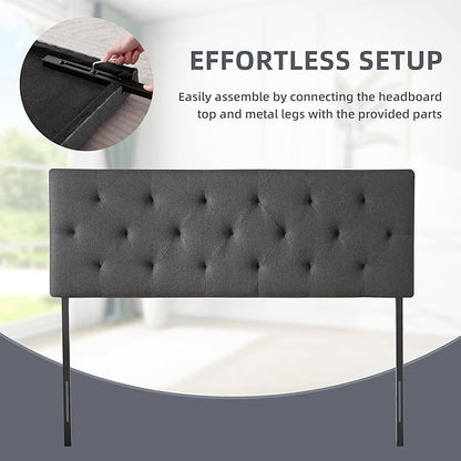 Linen Fabric Upholstered Headboard Queen Size, Modern Diamond Tufting Solid Wood Queen Headboard Only,Adjustable Height from 37” to 51” Head Board, Bed Frame or Wall Mount Headboards, Dark Grey