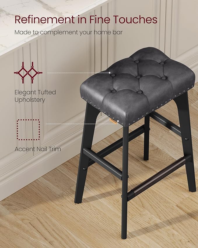 VASAGLE Bar Stools Set of 4, Saddle Counter Height Bar Stools, 26-Inch Backless Kitchen Stools with Wood Legs, PU Leather Thickened Upholstered Barstools for Kitchen Island Dining Room, Ink Black