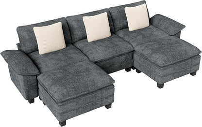 123-Inch U Shaped Sectional Sofa with Cloud Cushions, Deep Seat Modular Couch Set w/ 5 Seats & 2 Ottomans, Removable Arms, Plush Chenille Upholstery for Living Room, Apartment - Cyan