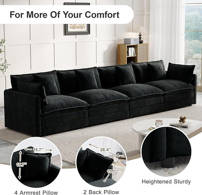 Modular Sectional Sofa, 146.5 Inch I-Shaped Cloud Sofa with Deep Seat Chenille Sofa with Cushions, Four Seater Sectional Sofa for Living Room Apartment,Black