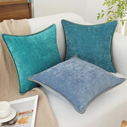 decorUhome Chenille Soft Throw Pillow Covers 20x20 Set of 2, Farmhouse Velvet Neutral Decorative Euro Pillow Covers with Stitched Edge for Couch Sofa Bed Home Decor, Teal