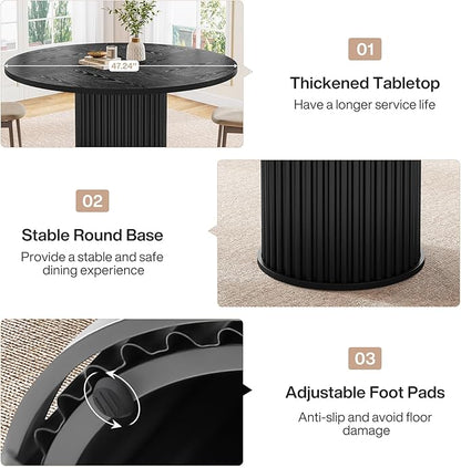 Tribesigns Round Dining Table for 4-6, 47-Inch Modern Circle Kitchen Table with Fluted Round Base, Farmhouse Wood Dinner Table for Dining Room, Kitchen, Living Room, Black