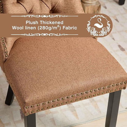 Linen Upholstered Dining Chairs Set of 8, Modern Style Kitchen Side Chairs with Nailhead Trim and Wood Leg, Metal Pulling Ring for Dining Room Living Room(Coffee,Set of 8)