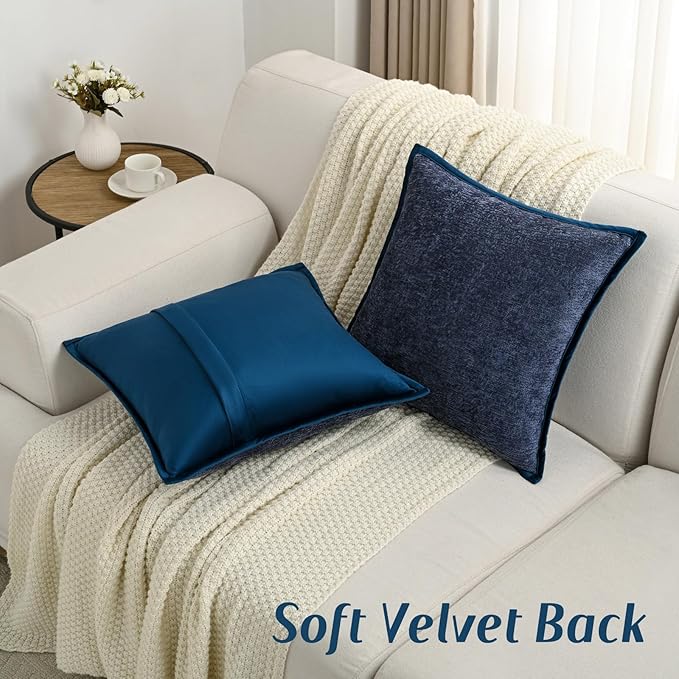 FUTEI Navy Blue Chenille Throw Pillow Covers 26x26 Inch Set of 2,Soft Cozy Bound Edge Design Euro Pillow Sham,Home Decor for Couch Bed Living Room