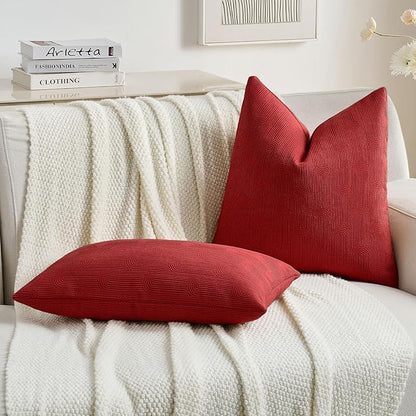 FUTEI Christmas Red Chenille Decorative Throw Pillow Covers 22x22 Inch Set of 2,Soft Cozy Striped Geometric Patterns Cushion Cases,Modern Home Decor for Couch Bed Living Room
