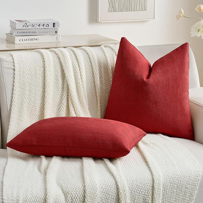FUTEI Christmas Red Chenille Decorative Throw Pillow Covers 16x16 Inch Set of 2,Soft Cozy Striped Geometric Patterns Cushion Cases,Modern Home Decor for Couch Bed Living Room