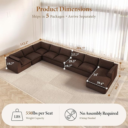 Vesgantti 204.7" Oversized Boneless Sectional Couch, Modern 9 Seater Modular Sofa with Chaise, Deep Seat Convertible Corduroy Cloud Couches for Living Room, No Assembly Required, Dark Brown