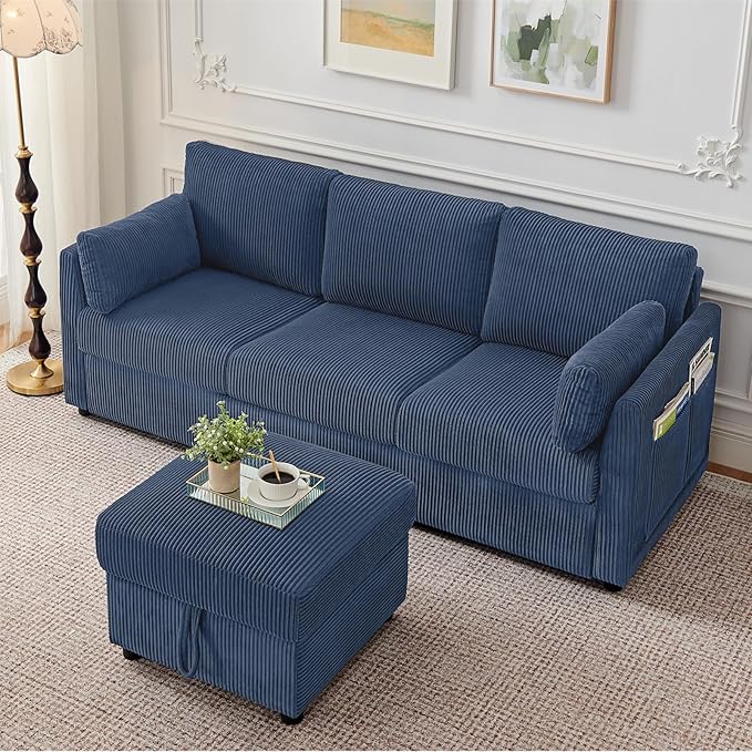 79" L Shaped Couch with Storage Ottoman, 3 Seater Corduroy Sofa with 2 Pillows and Storage Pockets, Small Modern Couches for Living Room, Apartment, Small Spaces, Home Office, Navy Blue