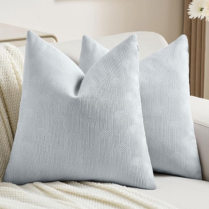 FUTEI Light Blue Chenille Decorative Throw Pillow Covers 22x22 Inch Set of 2,Soft Cozy Striped Geometric Patterns Cushion Cases,Modern Home Decor for Couch Bed Living Room