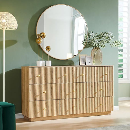 Fluted Dresser for Bedroom, 55" W 8 Drawer Dressers, Wood Tall Dresser Storage Organizer, Modern Bedroom Chest of Drawers with Deep Storage for Closet Hallway, Entryway, Living Room Natural