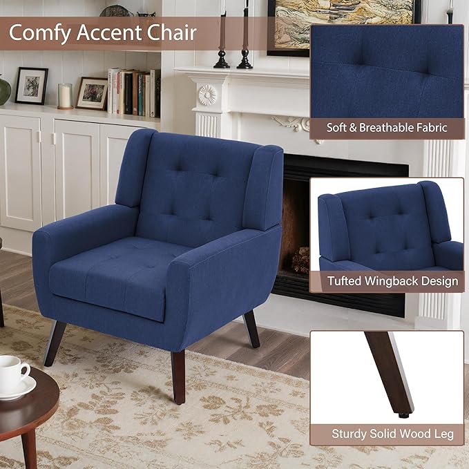 Accent Chairs Set of 4, Mid-Century Modern Upholstered Armchair, Comfy Fabric Living Room Chairs Reading Chairs with Button Tufted Back & Solid Wood Legs for Bedroom, Office, Blue
