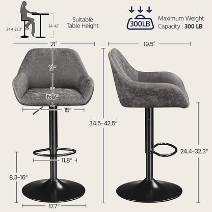 Yaheetech Bar Stools Set of 2, PU Leather Swivel Counter Height Barstools, Adjustable Bar Chairs with Backrest and Footrest, Kitchen Island Stool for Home Kitchen, Grey
