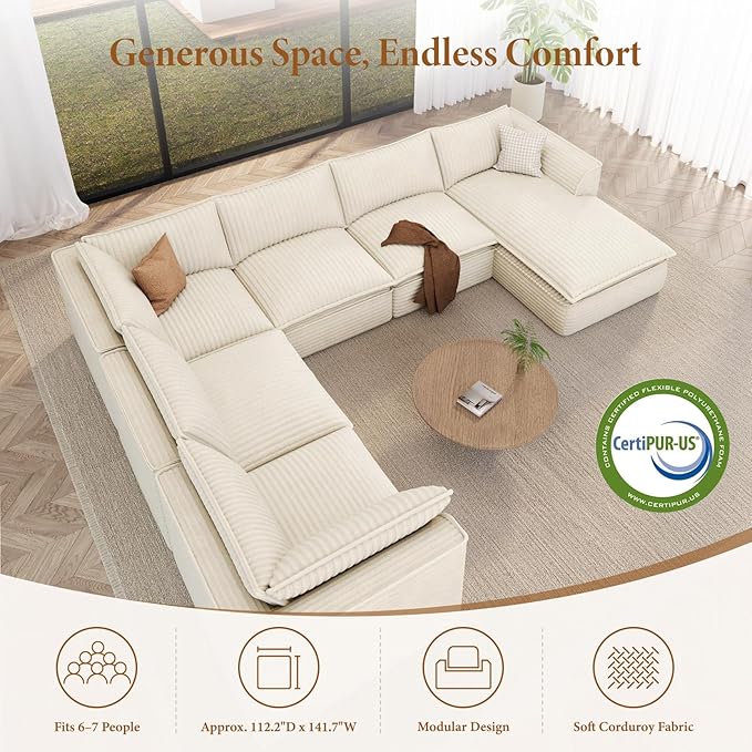 Vesgantti 141.7" Oversized Sectional Boneless Couch, Modern 7 Seater Modular Sofa with Chaise, Deep Seat Convertible Plush Corduroy Cloud Couches for Living Room, No Assembly Required, Beige