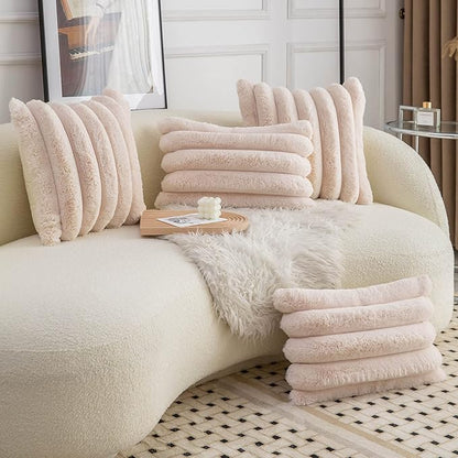 Neelvin Beige Faux Fur Cozy Soft Striped Decorative Throw Pillow Covers 22x22 inch Set of 2,Velvet Pillowcase Cushion Case for Sofa Couch