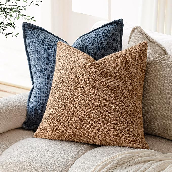 Foindtower Pack of 2, Decorative Textured Boucle Throw Pillow Covers Accent Solid Pillow Cases Cozy Soft Couch Cushion Case for Chair Sofa Bedroom Living Room Home Decor 22 x 22 Inch Rust Tobacco