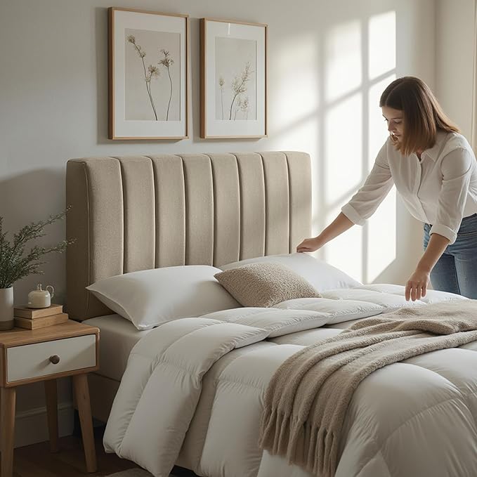 Nestl Upholstered King Headboard - Easy Assemble Channel Stitched Headboard King Size Bed - Wall Mounted Headboards with 3D Soundproof Wall Panels Peel & Stick Floating Headboards, Linen