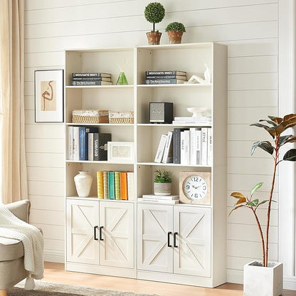 70in Tall Bookshelf 6 Tier Bookcase with Barn Doors and Adjustable Shelf, White Farmhouse Book Shelves with Storage Cabinet