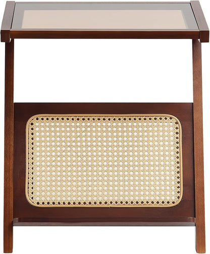 VEVOR End Table, Z-Shaped Rattan Woven Bamboo Coffee Table with Tempered Glass Top, 20” Modern Boho Storage Coffee Table with Natural Bamboo Legs, for Living Room, Bedroom & Small Spaces